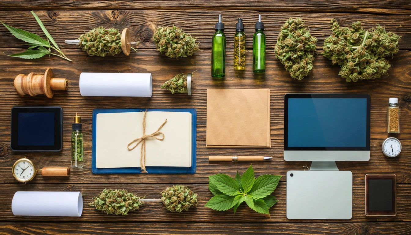 Wooden table with cannabis buds, bottles, rolled paper, notebook, tablet, computer, clock, and leaves arranged neatly