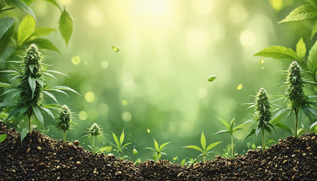 Green plants growing in soil with blurred green background and sunlight filtering through leaves