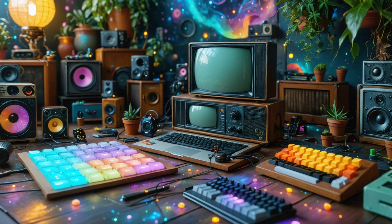 Retro computer setup with colorful keyboards, vintage monitors, and speakers. Potted plants and string lights decorate the space