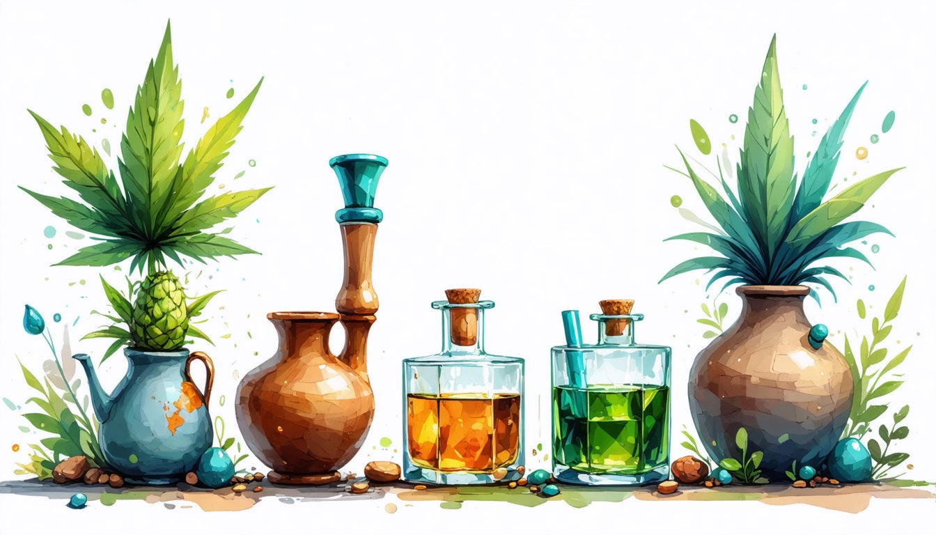 Ceramic pots with green plants, two glass bottles with corks containing amber and green liquid, surrounded by small stones