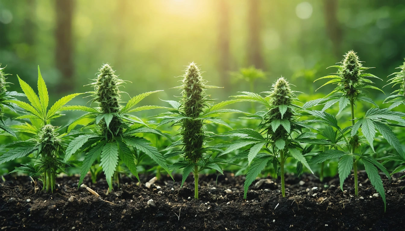 Four tall green plants with spiky leaves and buds in a row, soil in foreground, blurred forest and sunlight in background