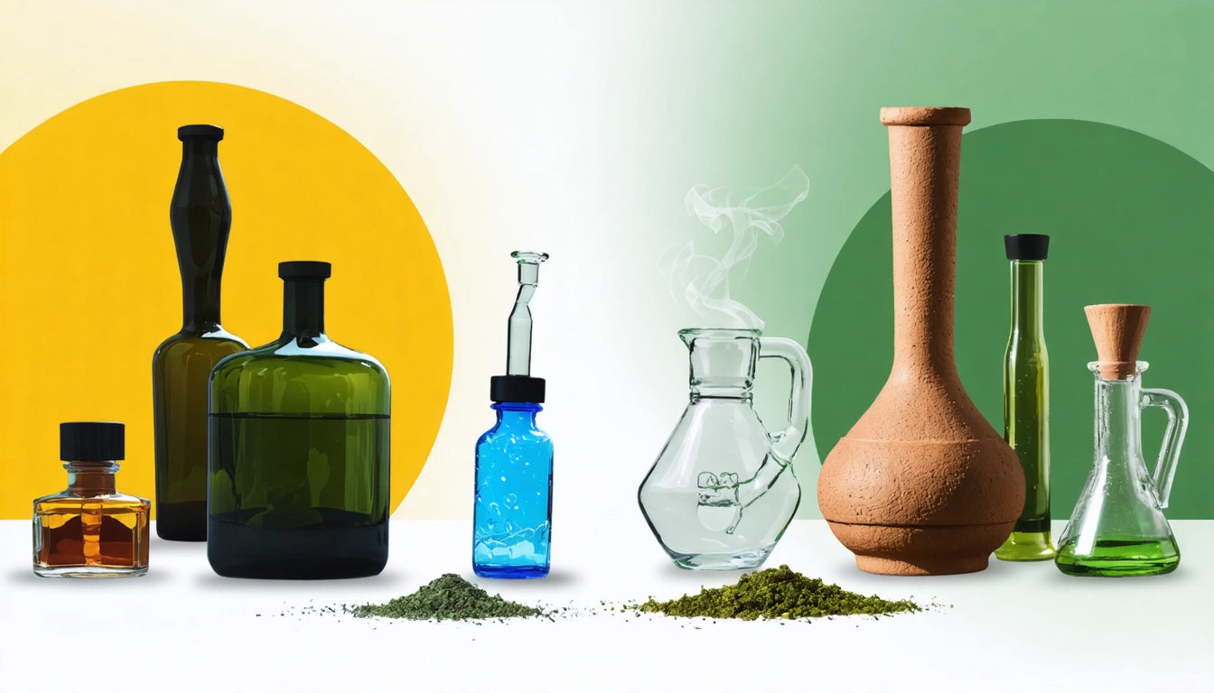 Various bottles and jars with different shapes and colors, some with corks, smoke rising from one, green and yellow circles in background