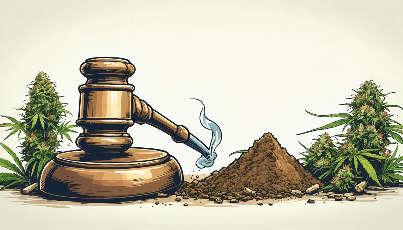 Wooden gavel, smoke rising, next to a mound of soil and two cannabis plants on either side