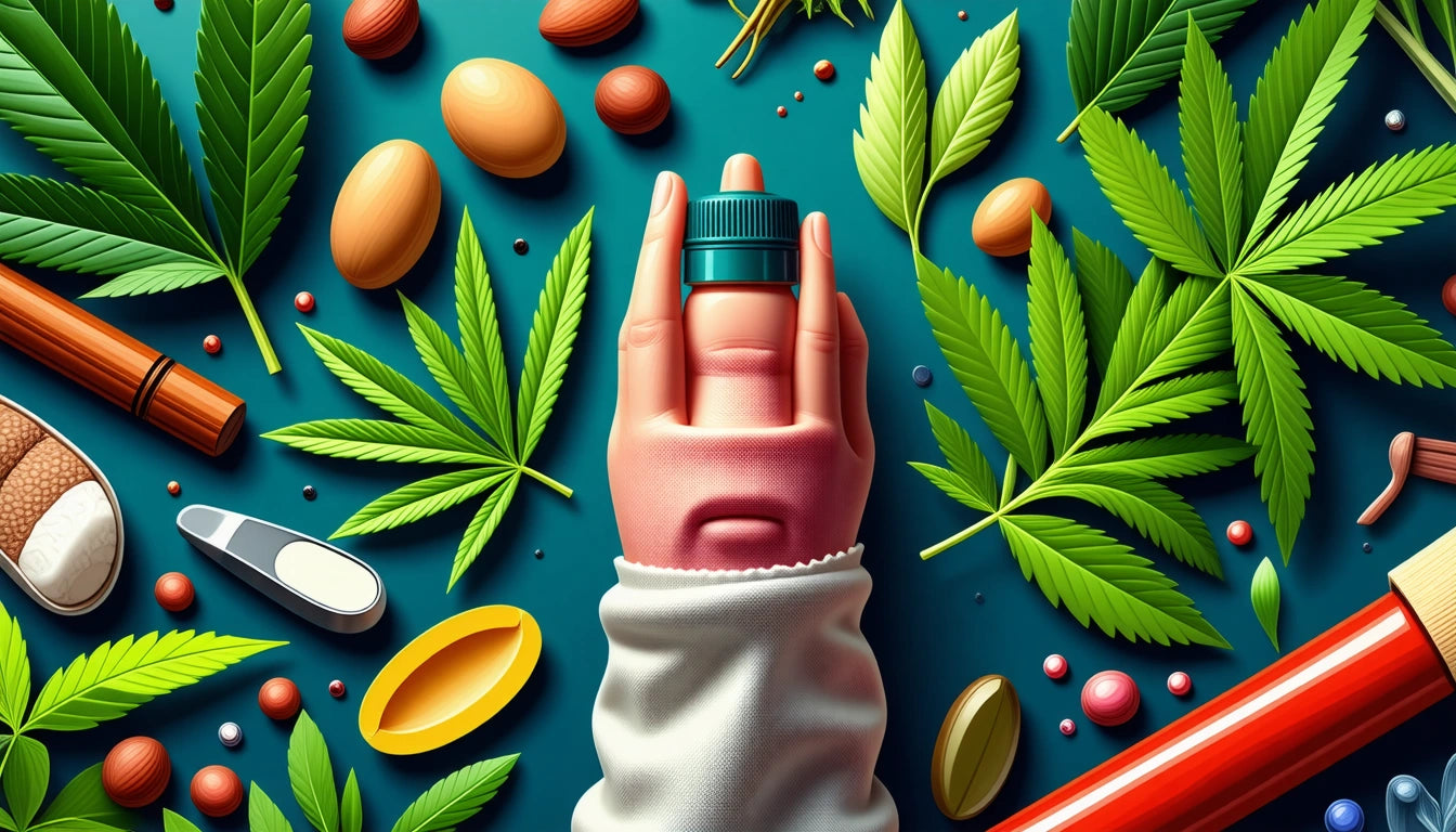 Hand holding a small jar surrounded by green leaves, pills, and capsules on a teal background