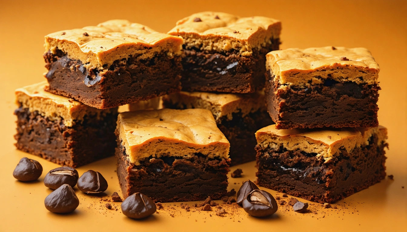 Nine stacked chocolate brownies with a golden top, surrounded by scattered chocolate pieces on an orange background