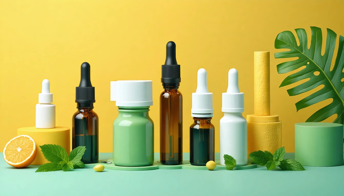 Various dropper bottles and containers on a green surface, surrounded by mint leaves, lemon half, and a large green leaf