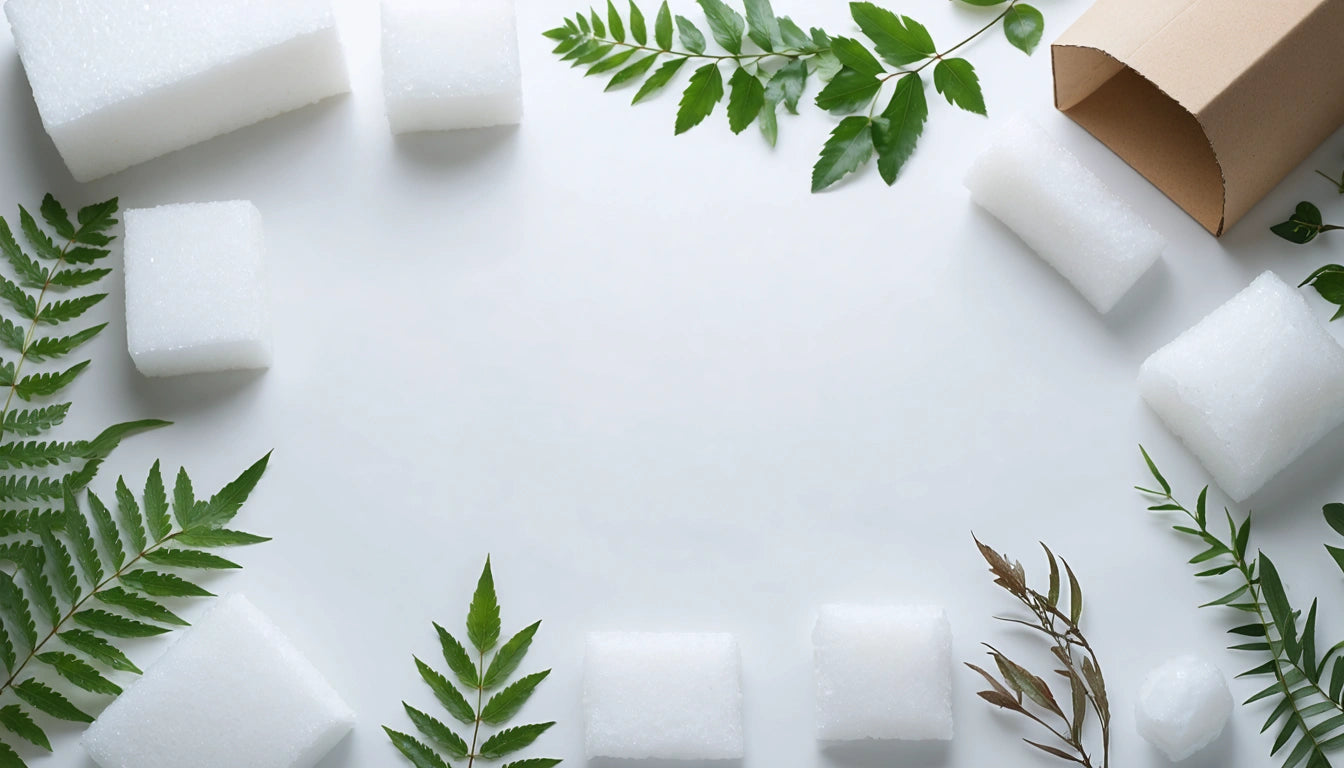 White sugar cubes and green leaves arranged in a circle on a white surface, with a brown box in the top right corner