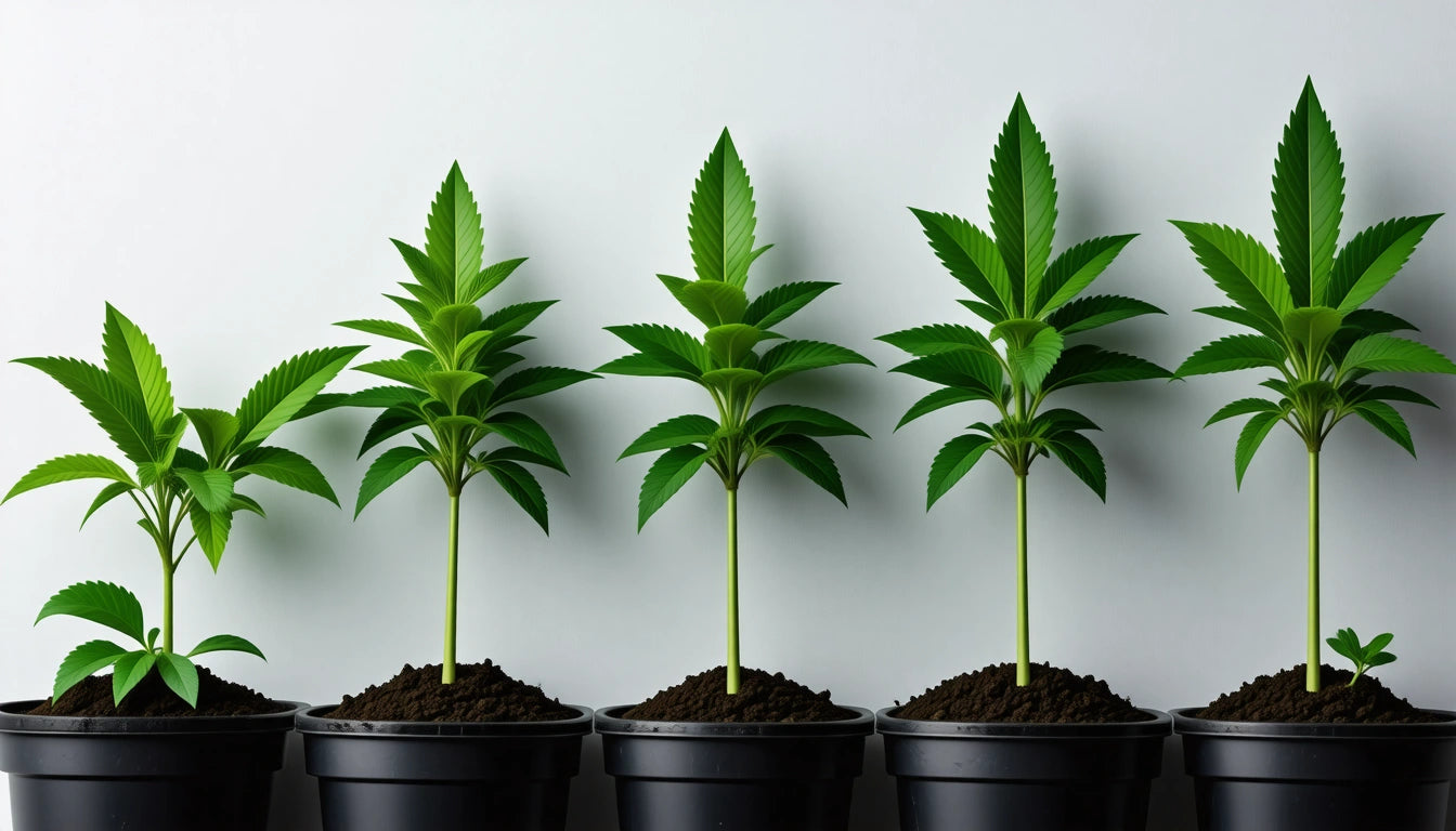 Five small green plants in black pots lined up against a white background