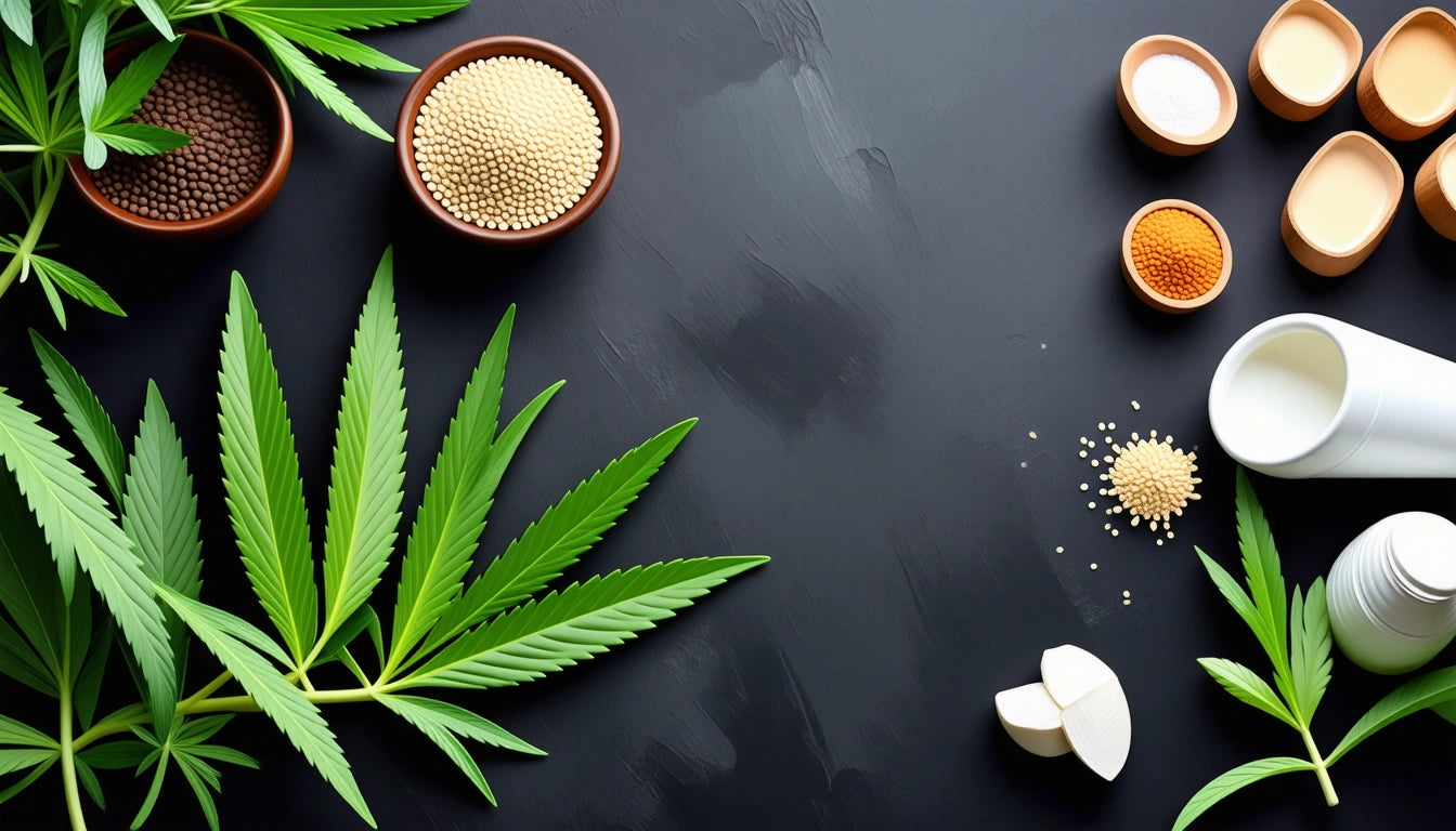 Green leaves, small bowls of seeds and powders, white containers, and a dark textured background