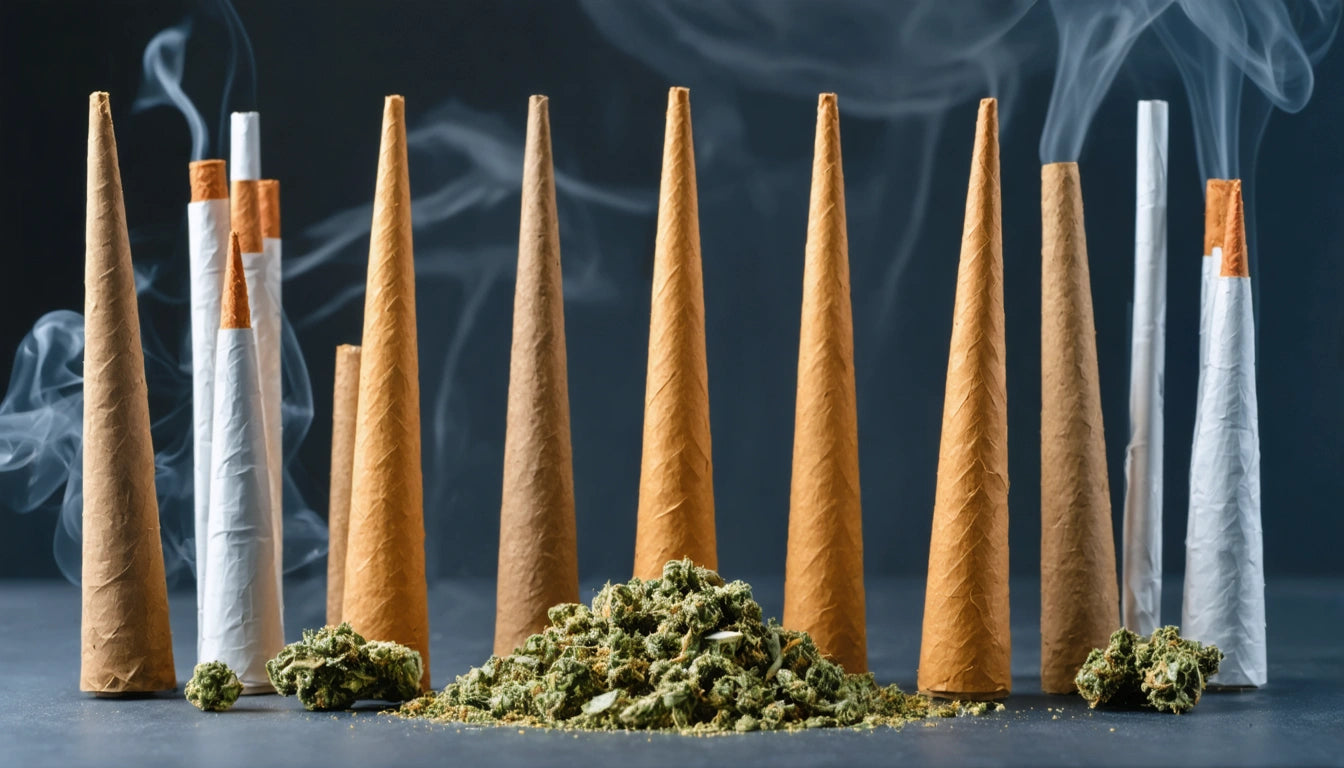 Tall brown cones and white cigarettes stand upright, surrounded by piles of green plant material, with smoke rising above