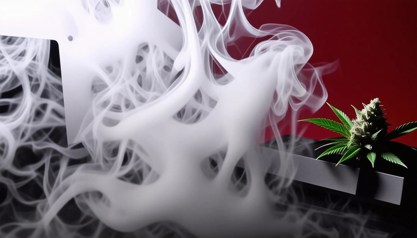White smoke swirling around a black surface, with a green plant and red background