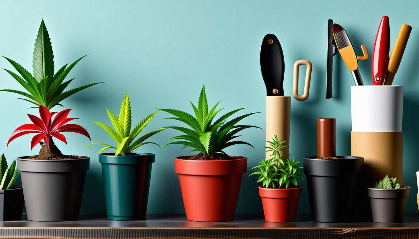 Various potted plants on a shelf with gardening tools in holders against a light blue wall