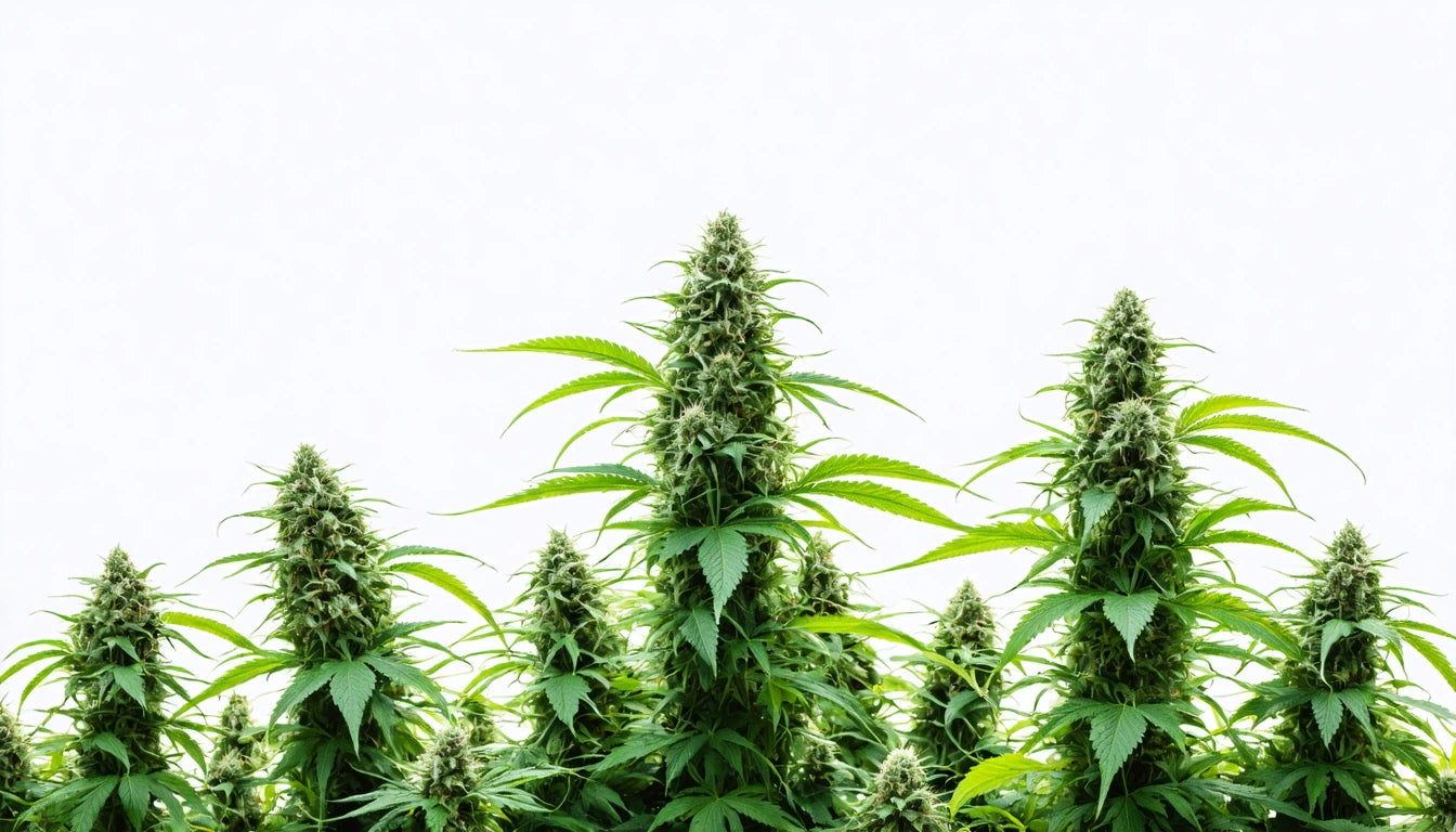 Tall green plants with pointed leaves and dense clusters, set against a plain white background