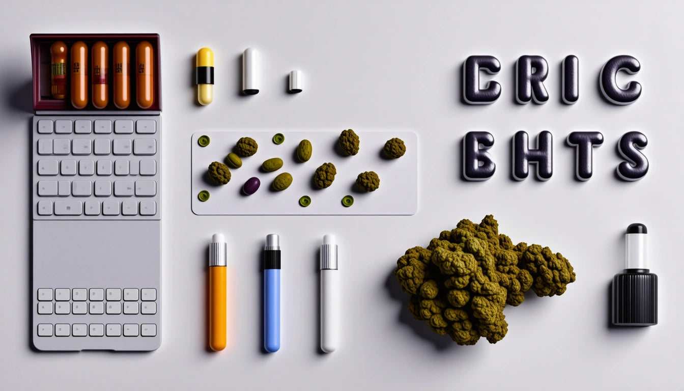 Keyboard, colored vials, pills, and irregular green objects on white surface; letters spelling "CRIC BHIS" in black