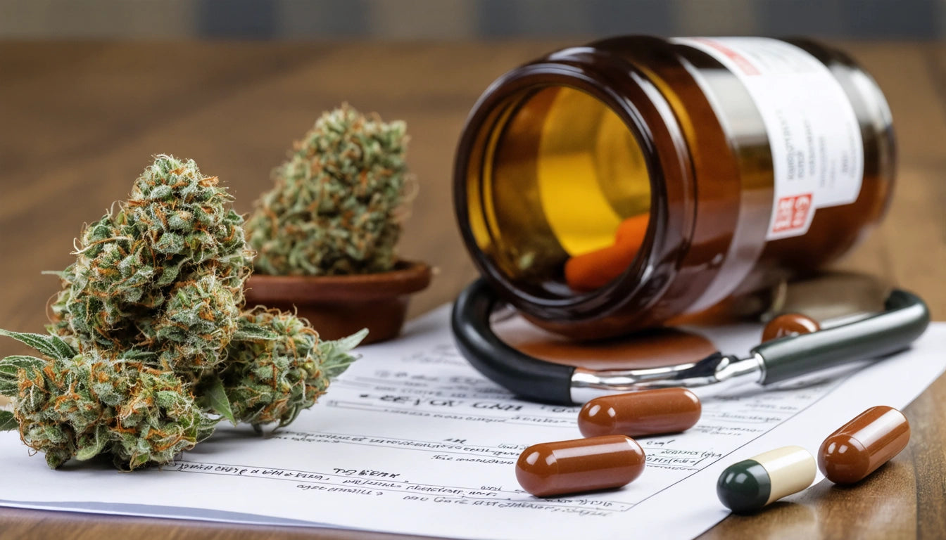 Brown pill bottle tipped over, spilling capsules onto papers. Stethoscope nearby and cannabis buds in small dish