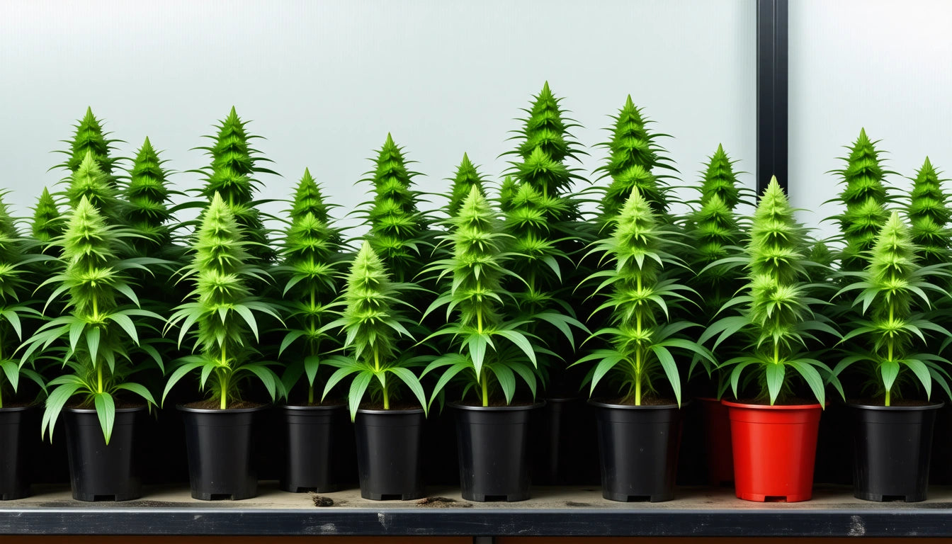 Rows of green plants in black pots, one in a red pot, against a plain white background
