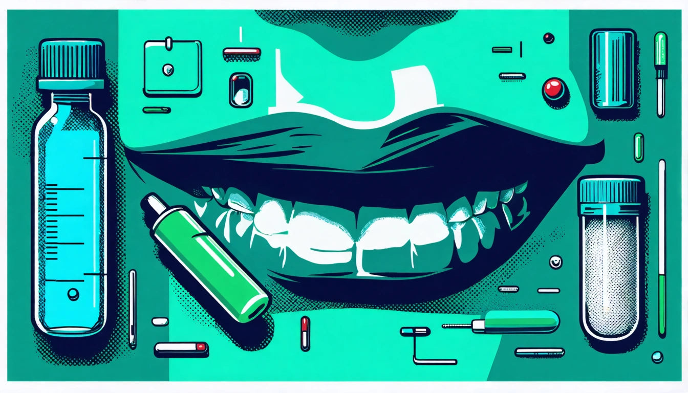 Teal and black stylized mouth with white teeth, surrounded by various dental tools and containers on a turquoise background