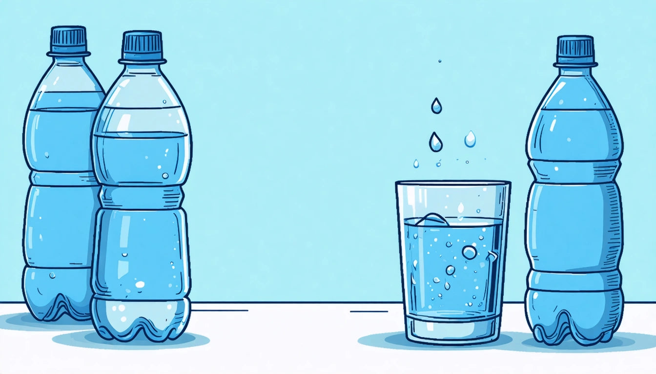 Two water bottles and a glass with water droplets falling into it on a light blue background