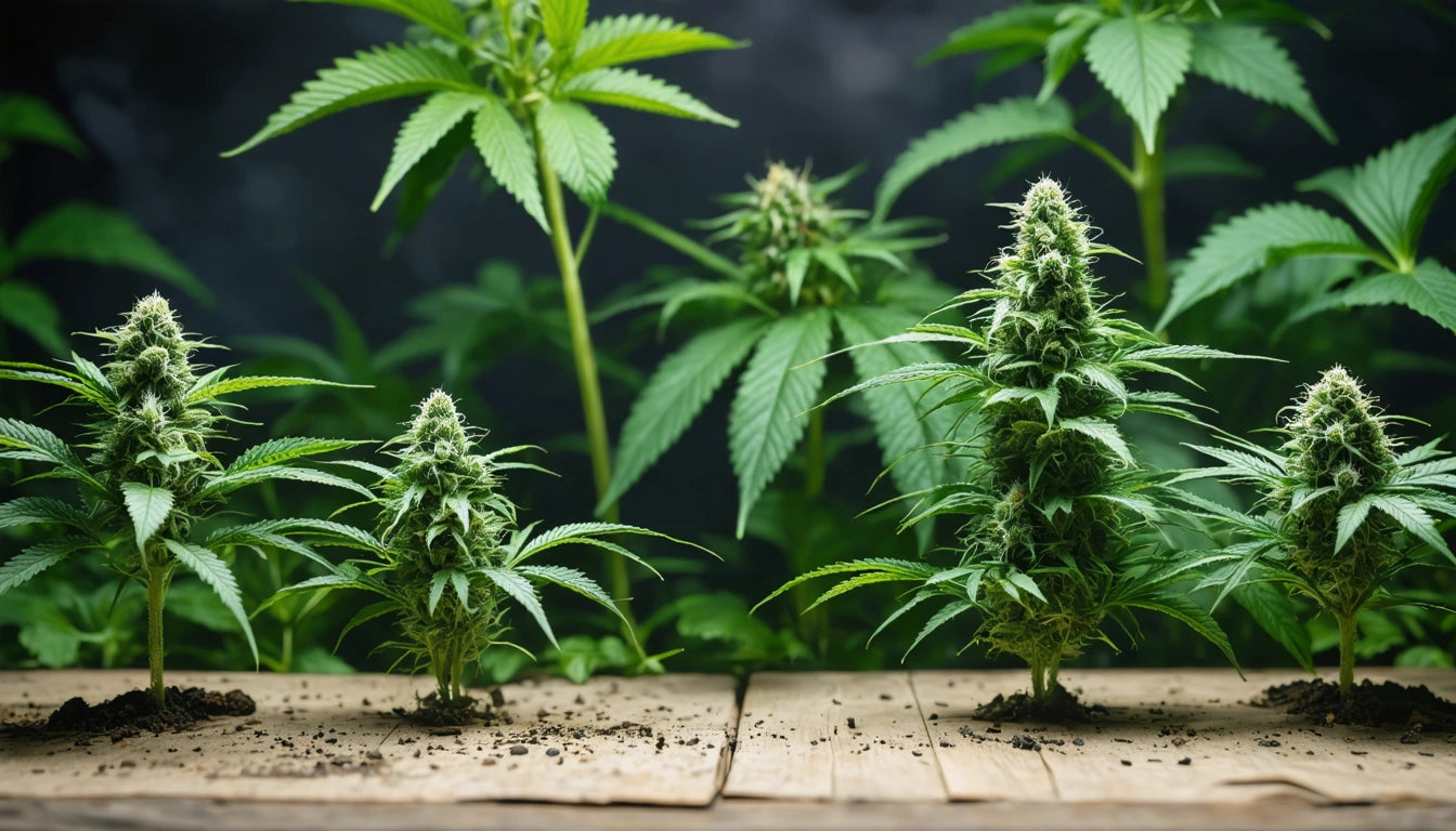 Green leafy plants with tall, dense buds on a wooden surface, dark background