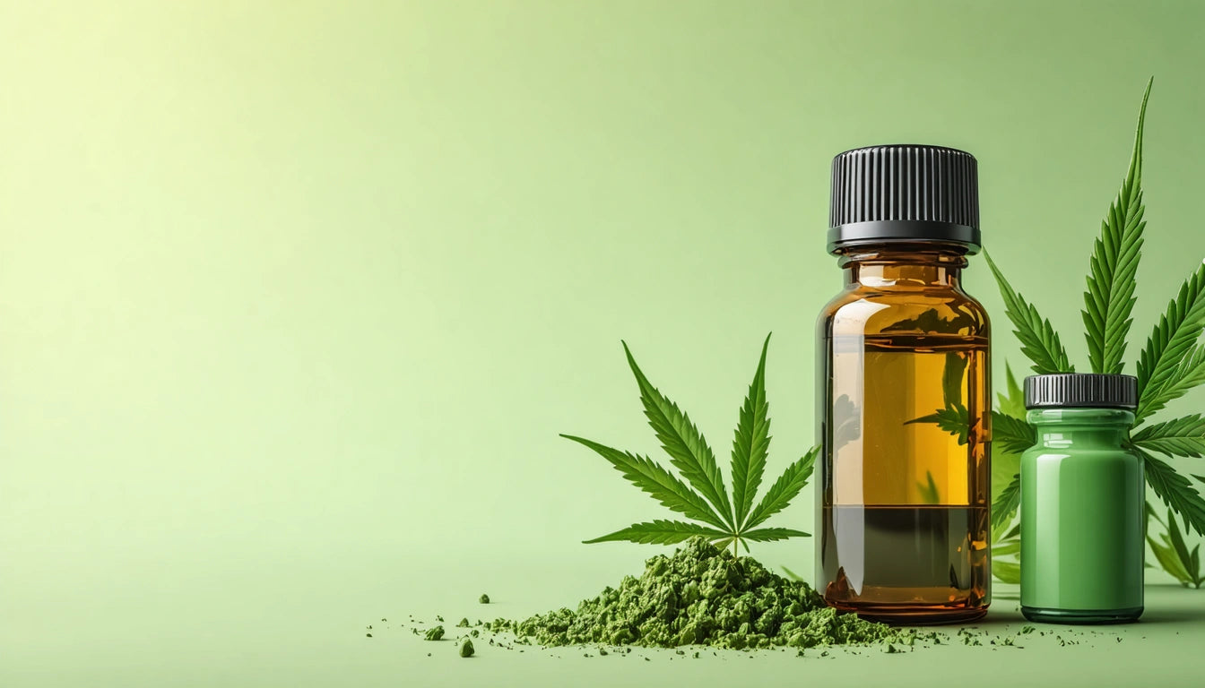 Amber and green bottles next to a pile of green powder and cannabis leaves on a light green background