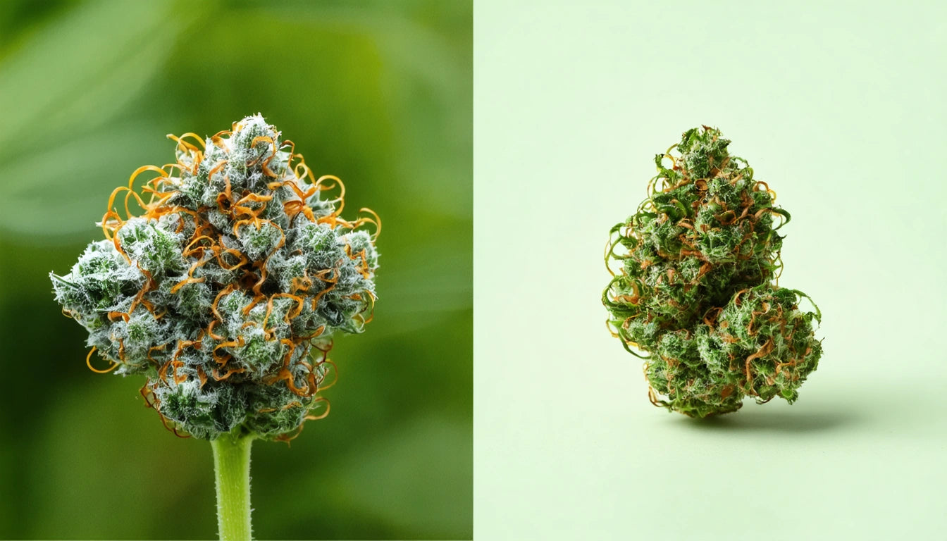 Left: Close-up of a frosty green and orange plant bud. Right: A similar bud on a light green background