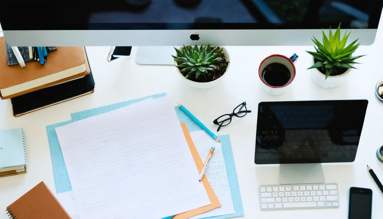 Desk with computer monitor, keyboard, papers, notebooks, glasses, coffee mug, two succulents, and a tablet