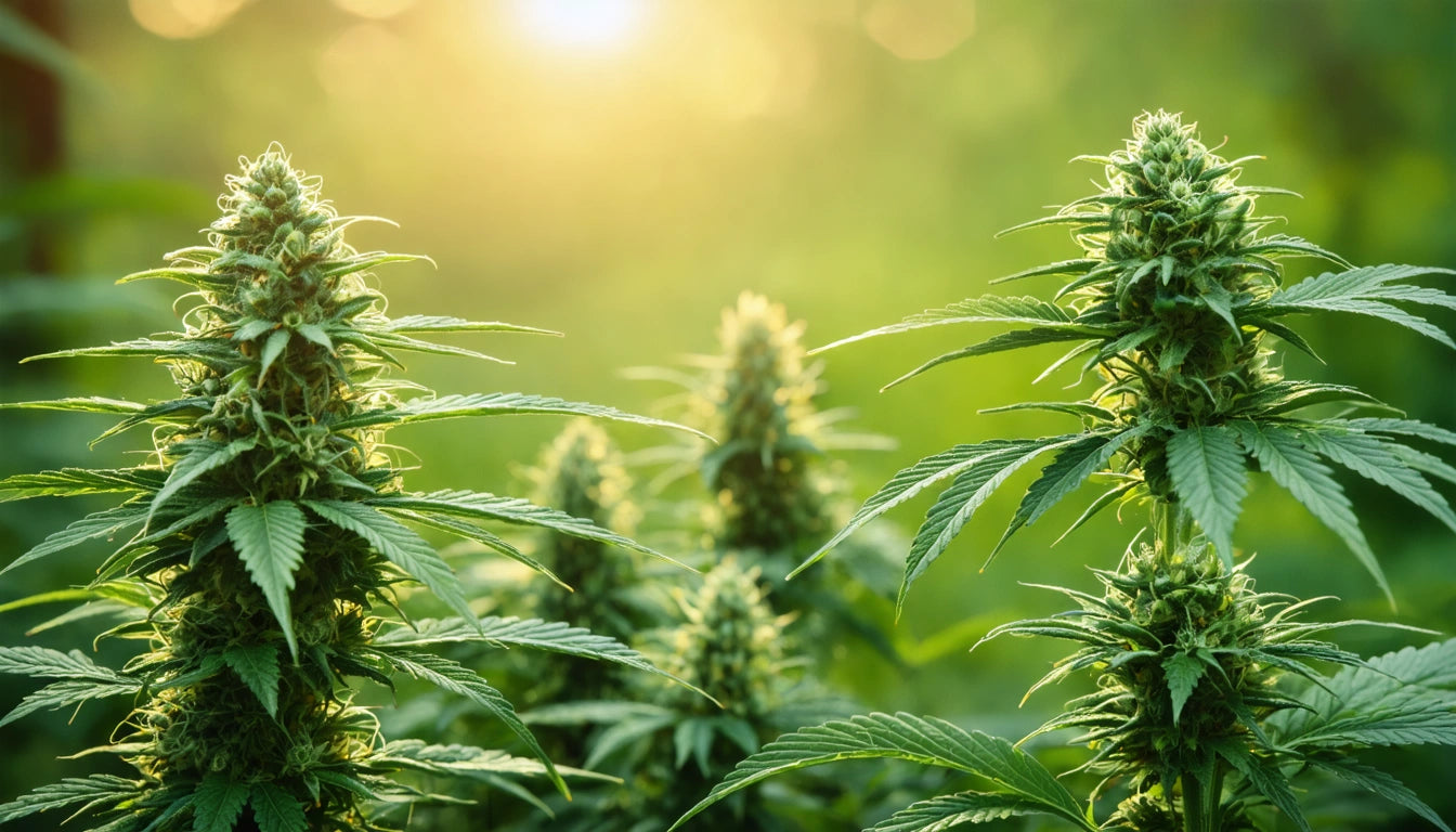 Sunlit green plants with spiky leaves and dense clusters, blurred background with warm light