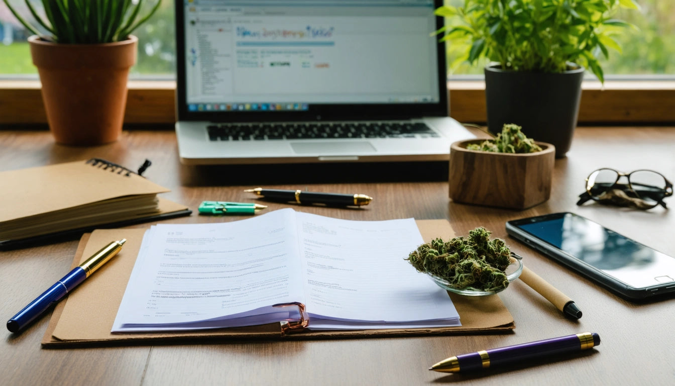 Open notebook on wooden desk with pens, bowl of herbs, smartphone, glasses, and laptop displaying a webpage in the background