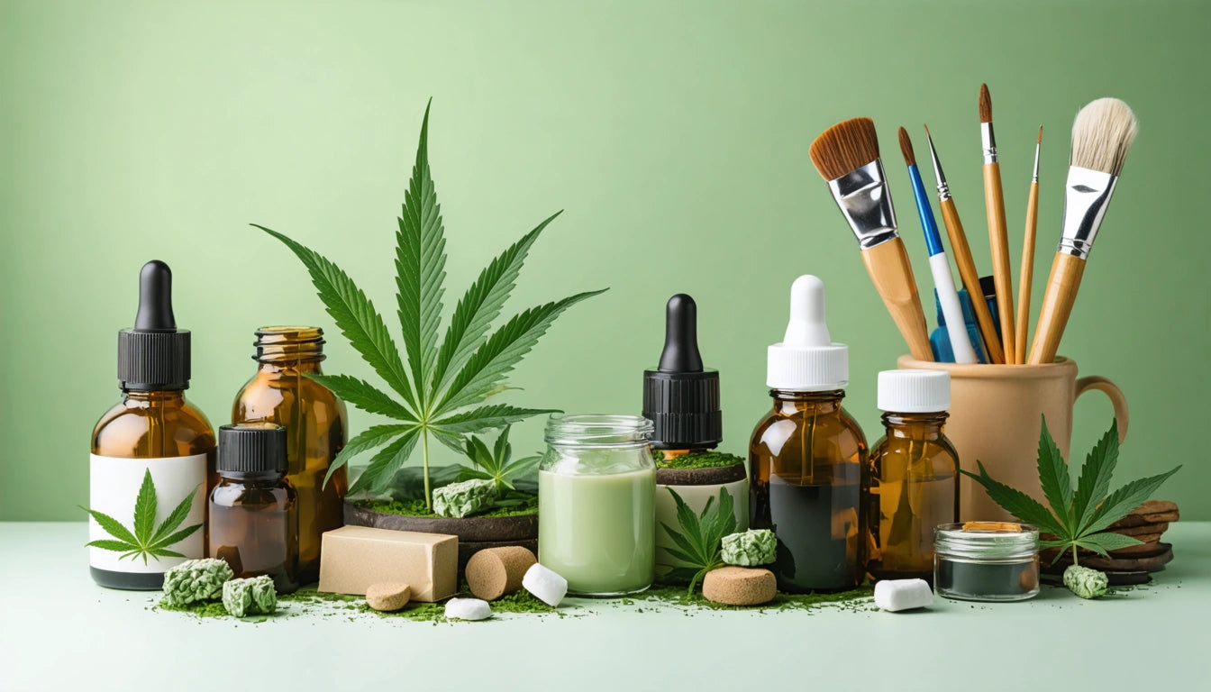 Brown glass bottles, cannabis leaves, brushes in a cup, and various jars on a green surface against a light green background