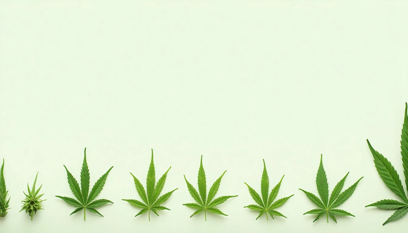 Seven green leaves evenly spaced on a light green background, with varying sizes and shapes