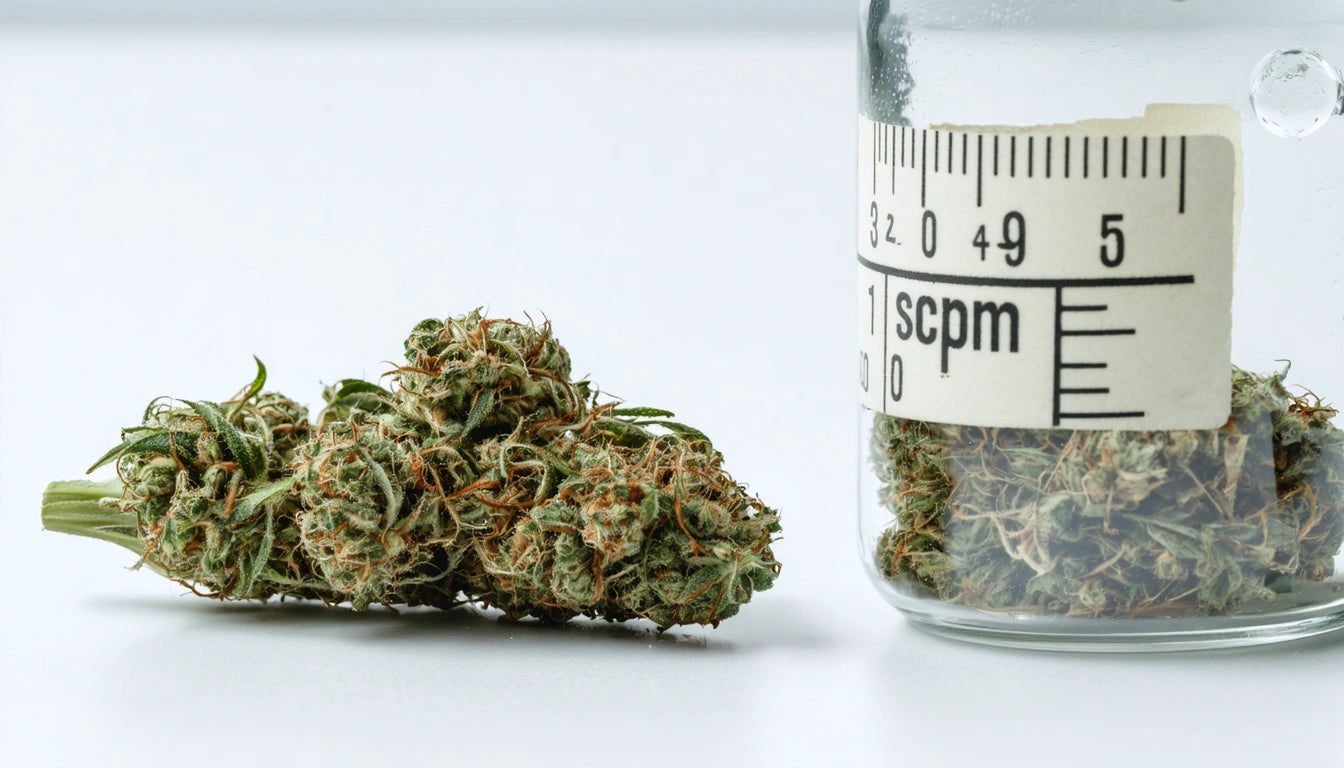 Dense green plant buds with orange hairs next to a glass jar marked with measurement lines