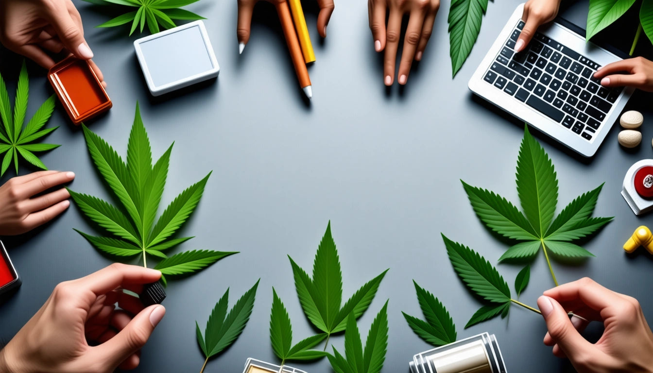 Hands holding pens, a laptop, and a smartphone surround a table with scattered green leaves and small containers