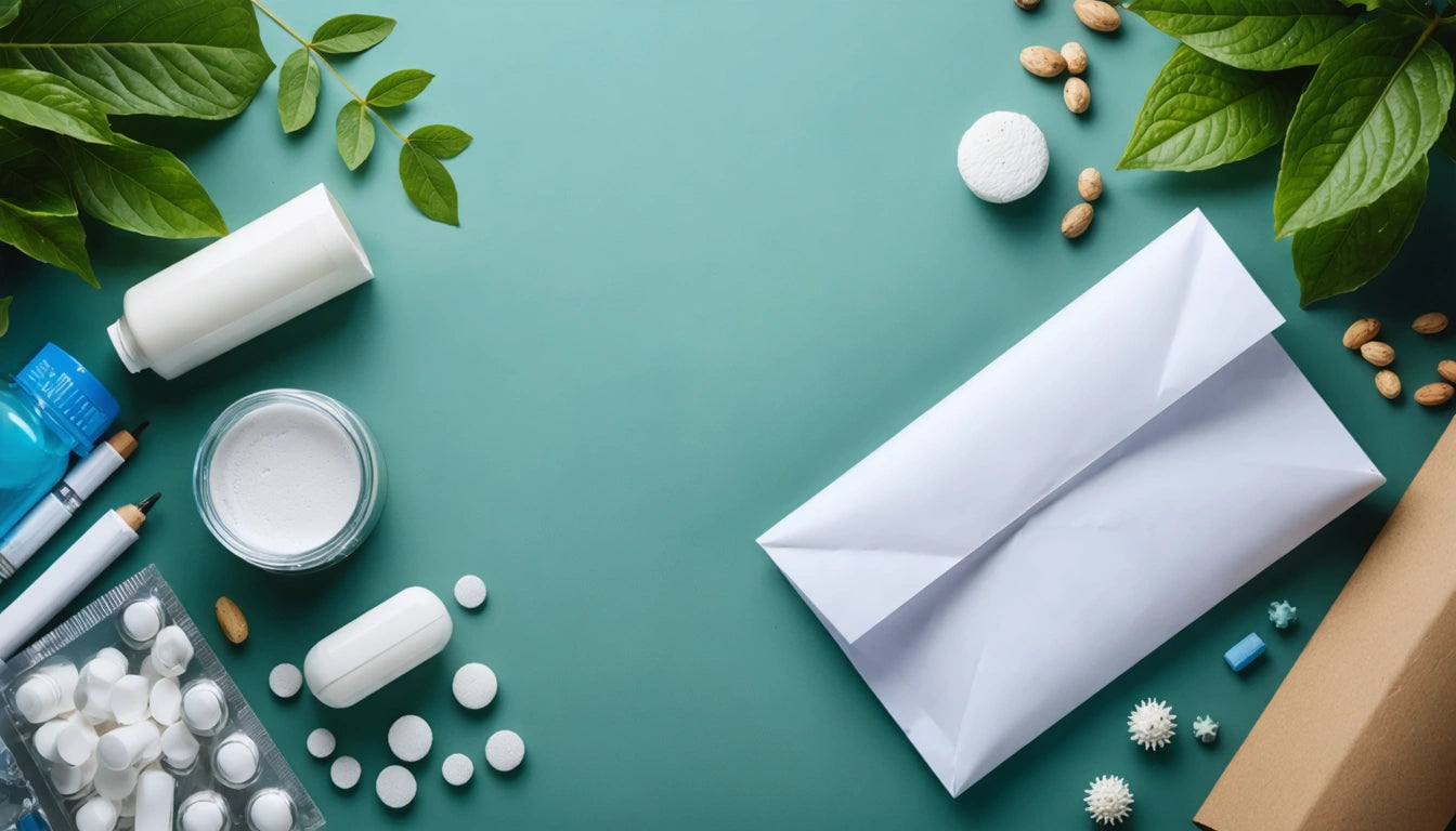 White envelope on teal surface surrounded by leaves, pills, bottles, and small containers