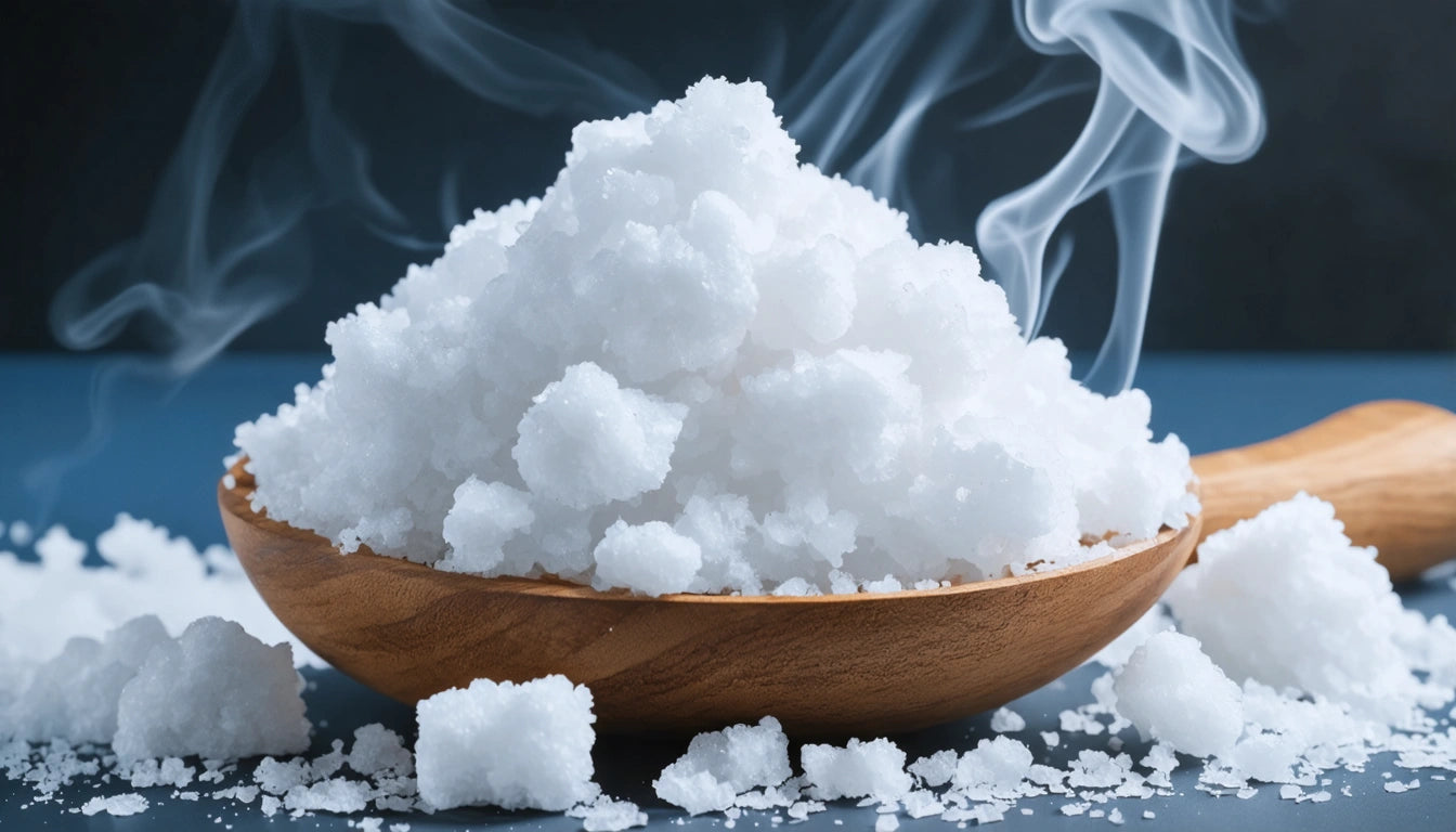 Wooden bowl filled with white, fluffy substance, emitting wisps of vapor, on a dark blue surface
