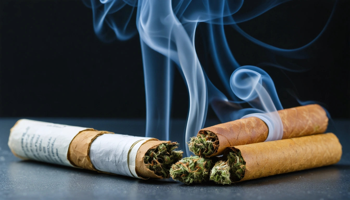 Three rolled cigars with visible green contents, emitting swirling smoke against a dark background