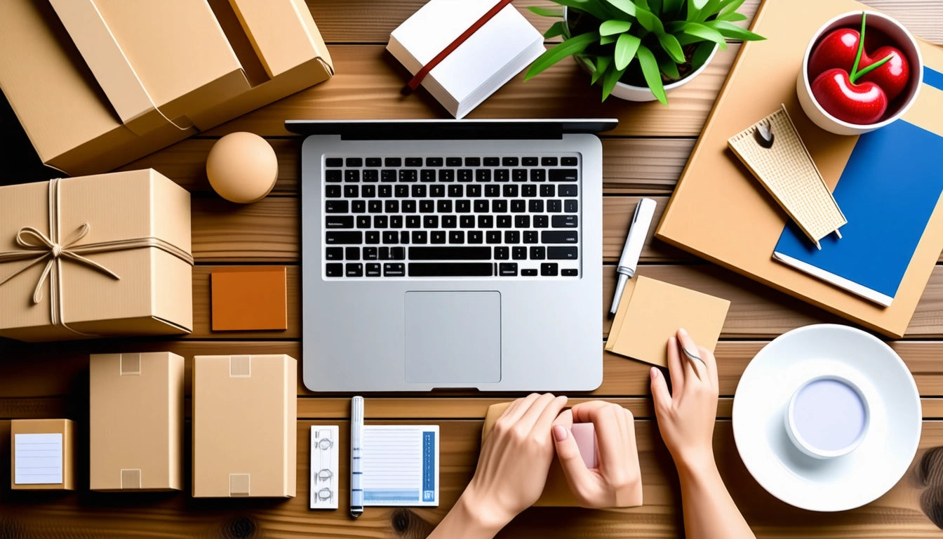 Hands typing on a laptop surrounded by boxes, a plant, a notebook, a pen, and a cup with a red apple on a wooden table