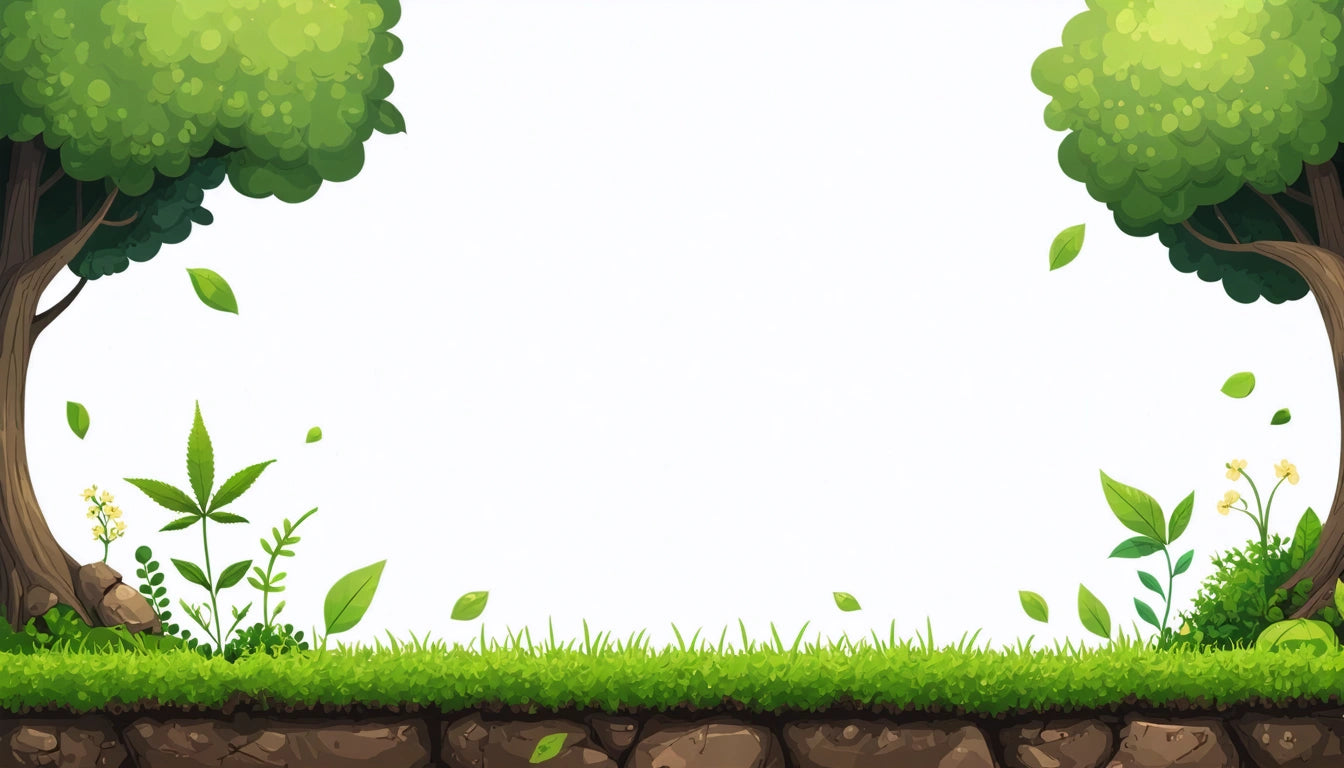 Two trees with green foliage frame the top corners, grass and plants grow on a rocky ground, scattered leaves in the air