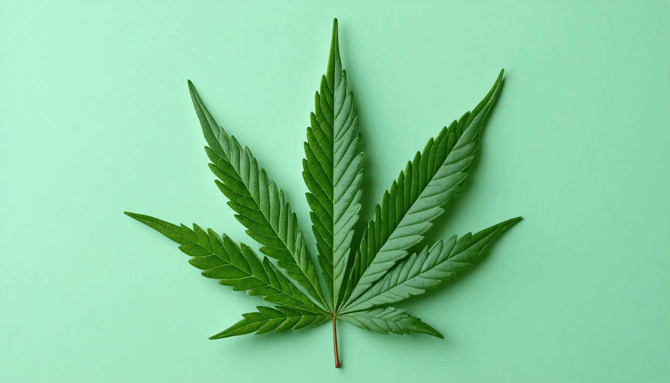 Green leaf with serrated edges on a light green background