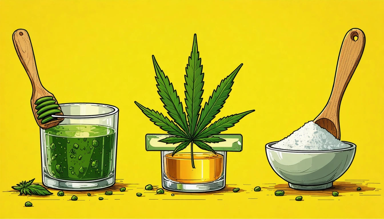 Green juice with honey dipper, cannabis leaf in honey, and bowl of white powder with wooden spoon on yellow background