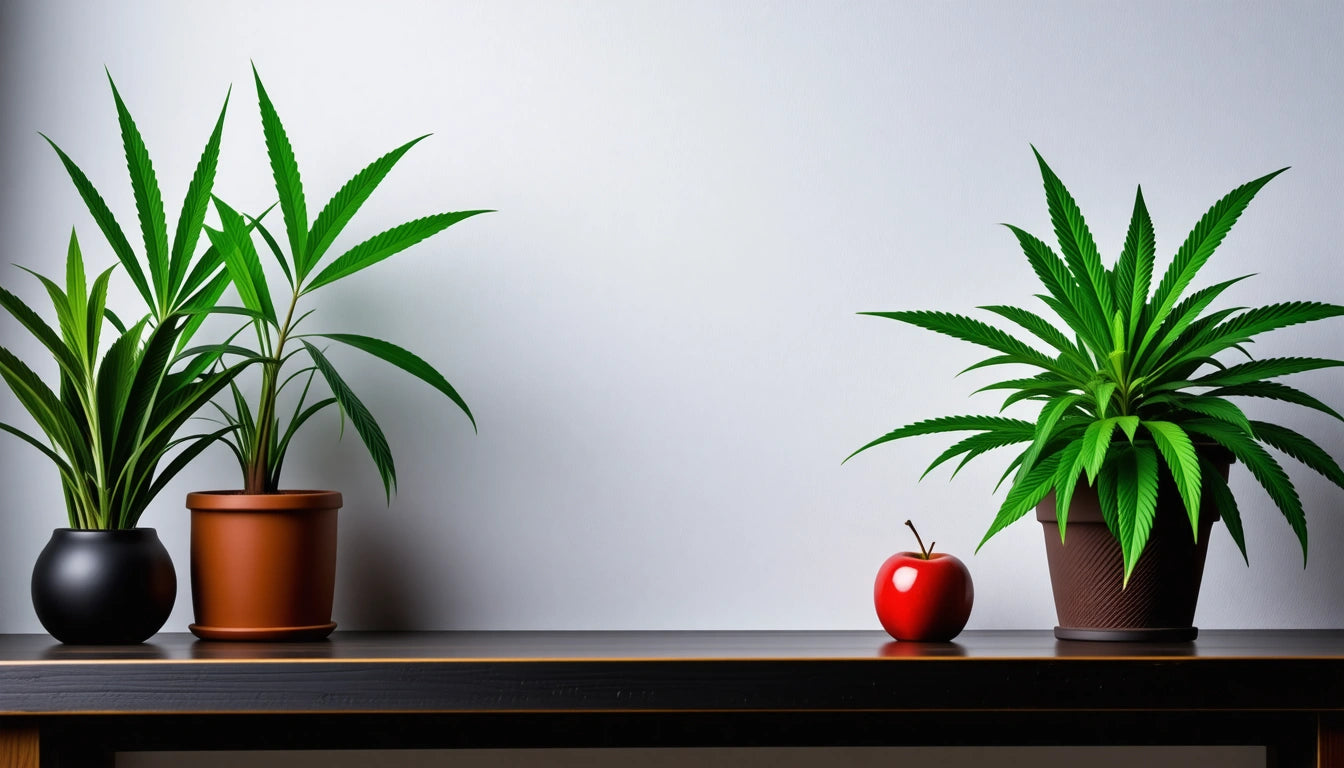 Two potted plants with long green leaves on a table, a red apple placed between them against a plain white background