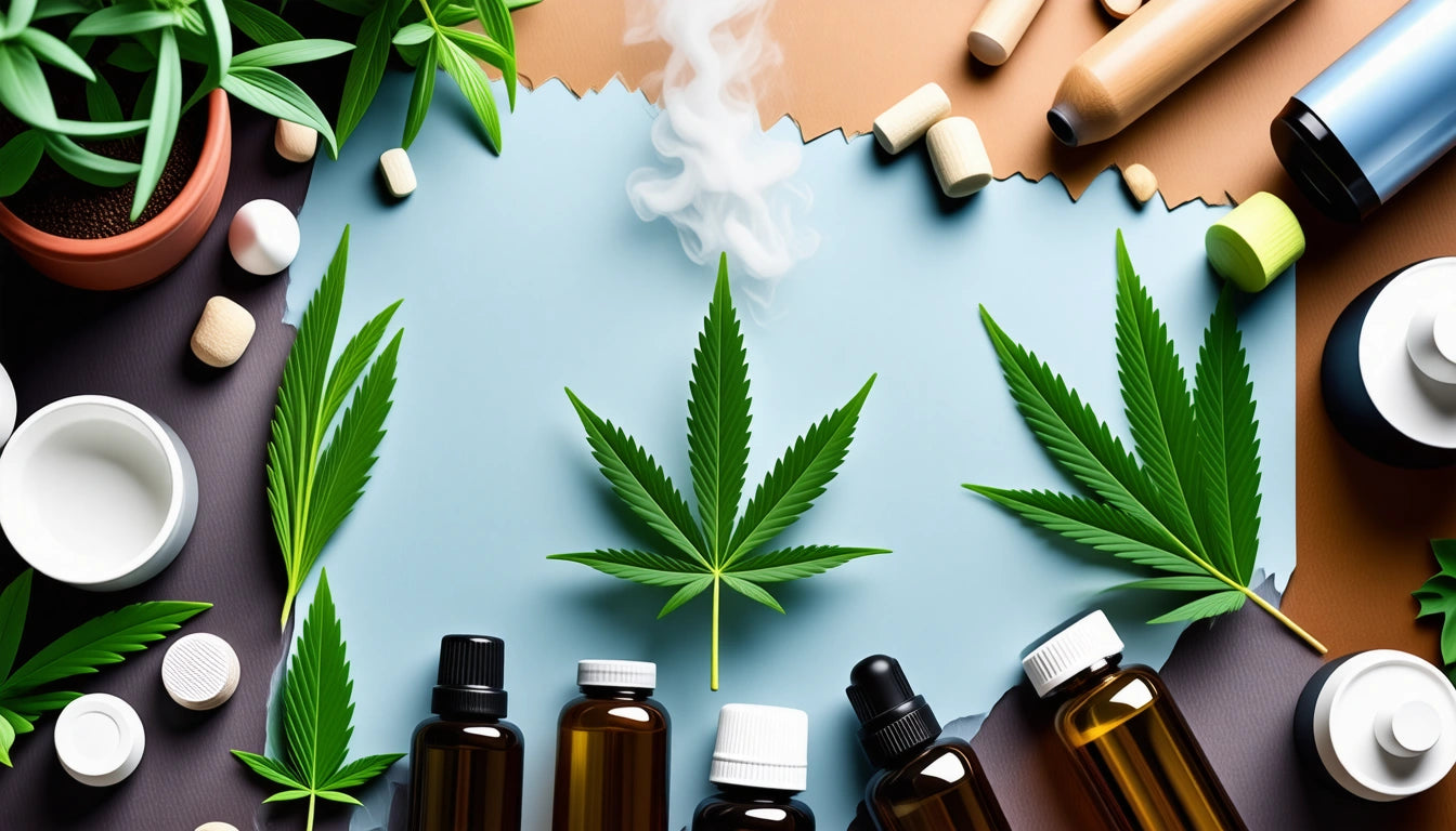 Green cannabis leaves, brown bottles, pills, and smoke on a torn blue and brown paper background