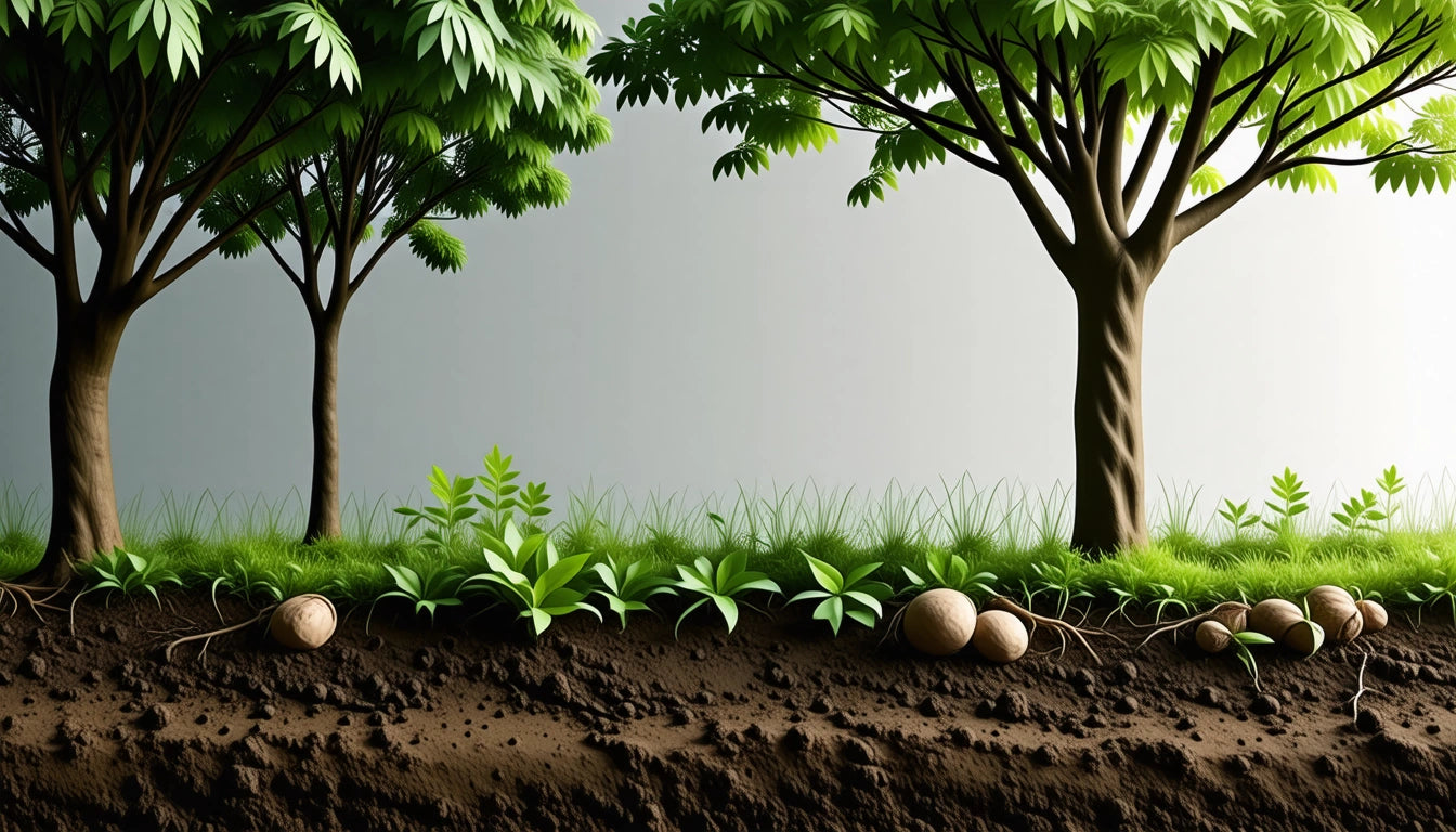 Two trees with lush green leaves, grass, and small plants above soil; roots and round stones visible underground