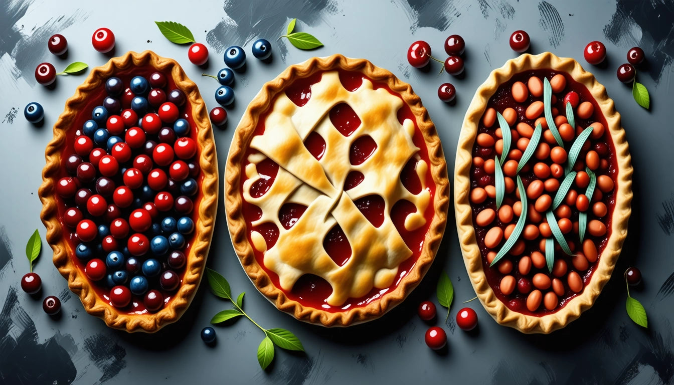 Three pies with lattice crusts, filled with red and blue berries, red filling with cutouts, and mixed nuts with green strands