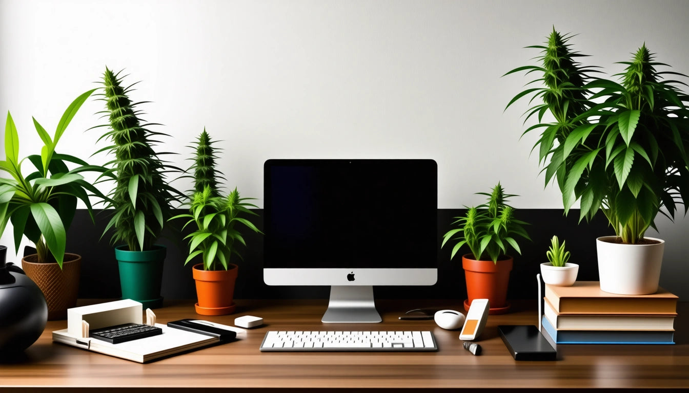 Desktop with a computer monitor, keyboard, mouse, smartphone, books, potted plants, and a typewriter on a wooden surface