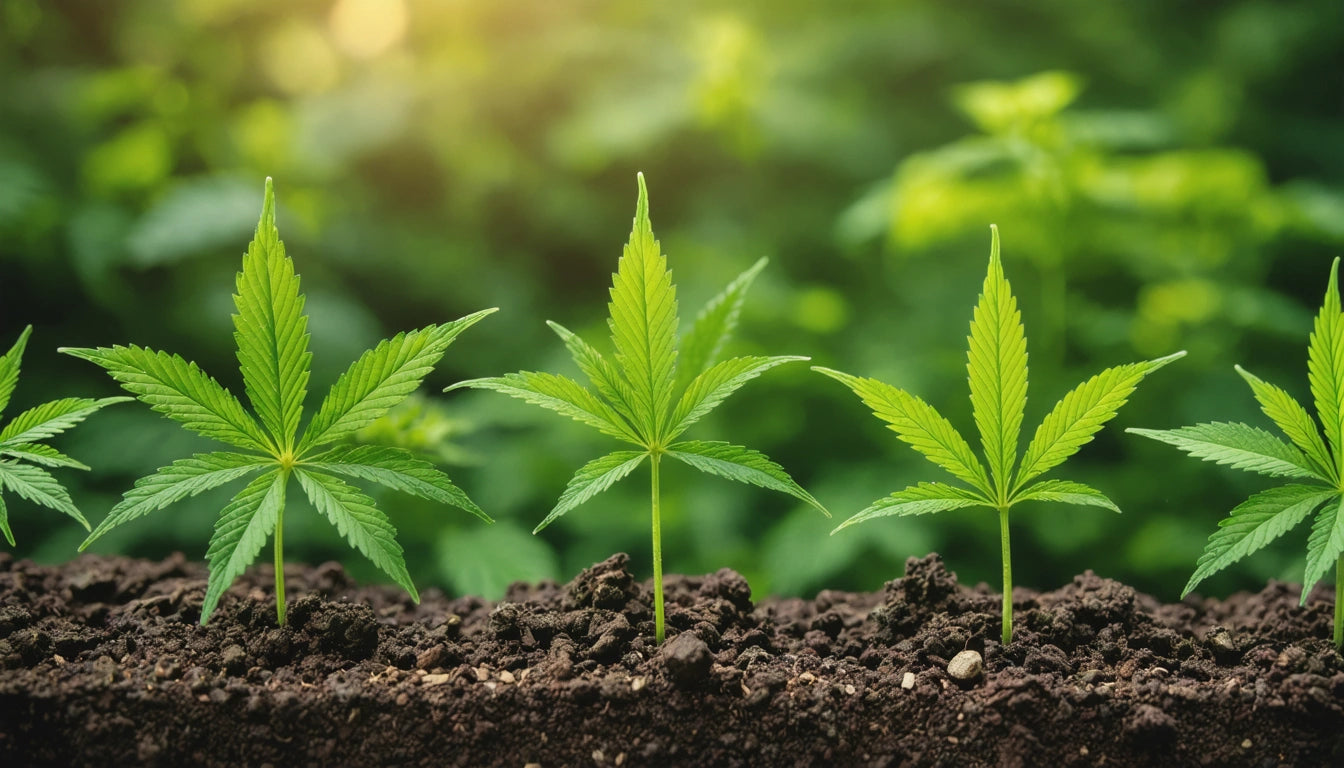 Three green plants with serrated leaves growing in soil, blurred green background