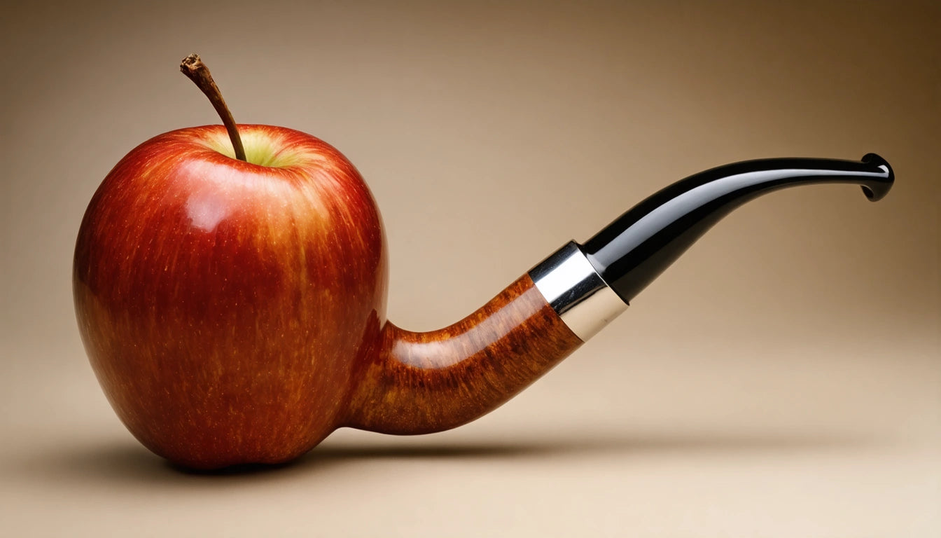 Red apple with a brown smoking pipe stem inserted, set against a gradient beige background