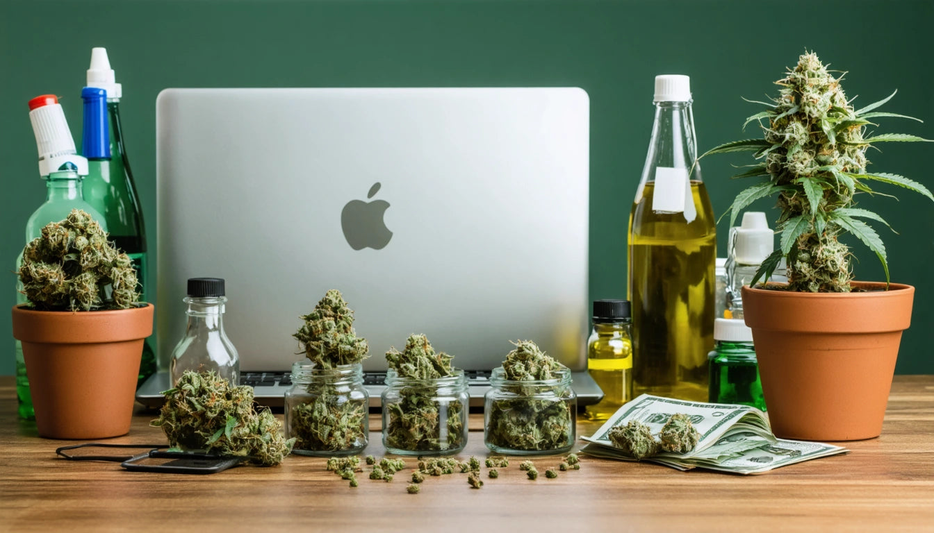 Laptop with apple logo, jars of herbs, potted plant, bottles, and scattered cash on wooden table against green background