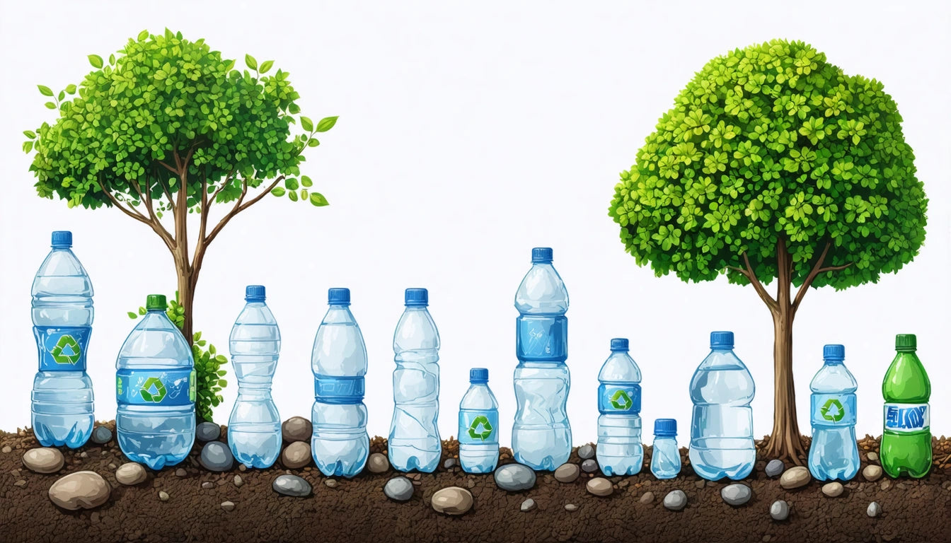 Plastic bottles of various sizes lined up on soil with small rocks, flanked by two green trees against a white background