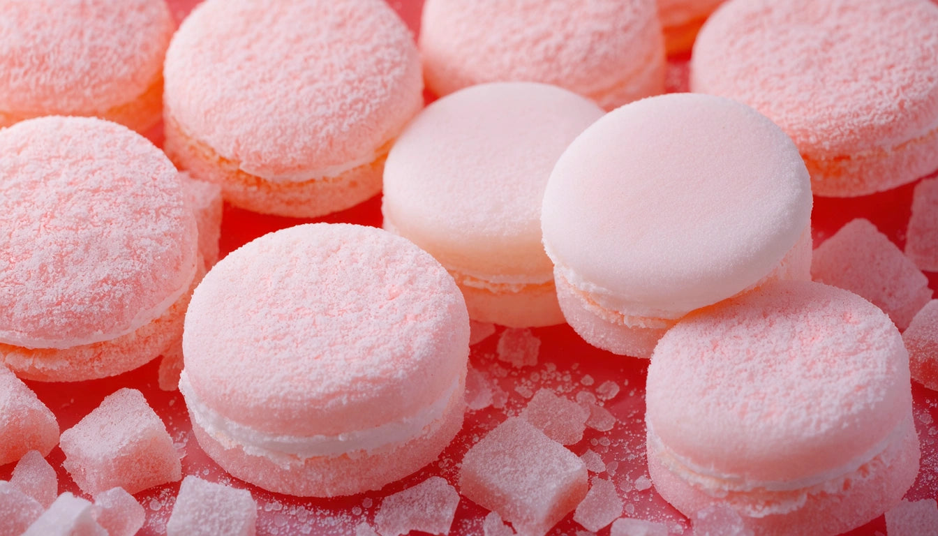 Pink macarons with sugar cubes scattered on a red surface