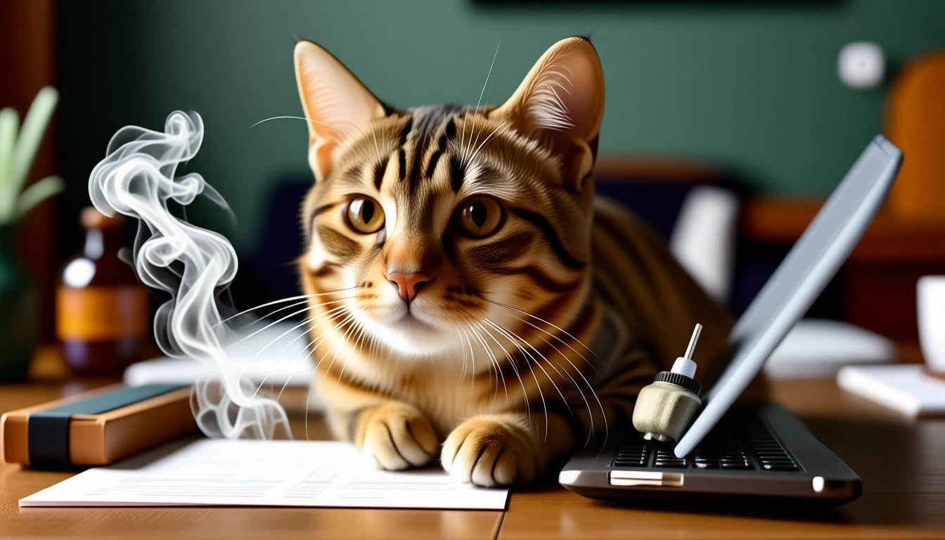 Tabby cat with green eyes lying on papers next to a laptop, with a steaming cup and books in the background